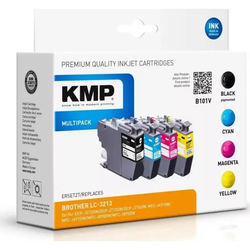KMP B100V Remanufactured Ink Cartridge Set für Brother LC-3213 - Schwarz, Cyan, Magenta, Gelb (4er-Pack, 4x400 Seiten)