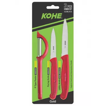 KOHE 3-teiliges Messerset mit Schäler, verschiedene Farben, Klingen aus rostfreiem Stahl mit hohem Kohlenstoffgehalt, ergonomische rutschfeste Griffe, spülmaschinenfest
