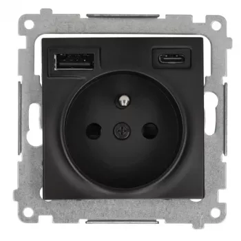 KONTAK-SIMON SIMON 54 Modul Schwarz Matt – 1x Schuko-Steckdose 16A 250V + 2x USB (Typ A & C) 2.1A Schraubklemmen