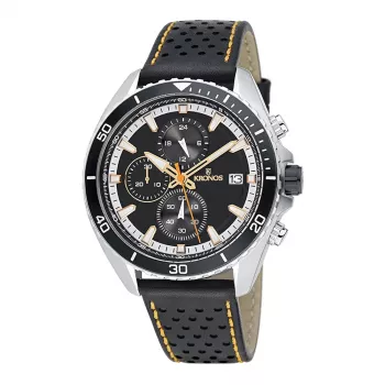 KRONOS Herrenuhr K005.55.19 - 46,5 mm Edelstahlgehäuse, schwarzes Lederarmband, Analog-Quarz