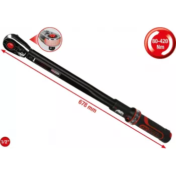 KS TOOLS 1/2 inch ERGOTORQUEprecision Ratschen-Drehmomentschlüssel, 80-420 Nm, Doppelskala, DIN EN ISO 6789-1:2017, mit Kunststoffbox (516.1582)