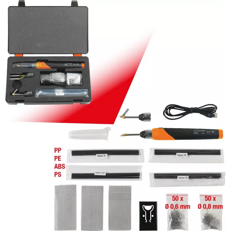 KS TOOLS 150.1010 Akku-Kunststoff-Reparatur-Set, 134-teilig, 3,7V Li-Ion Heftgerät mit 200 Edelstahlklammern, 450°C, Aufbewahrungskoffer