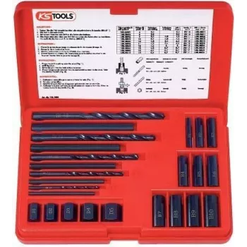 KS TOOLS 25-teiliges Schraubenausdreher-Set, Linksausdreher HSS, M3-M18, mit Spiralbohrern & Bohrführungen (150.1305)