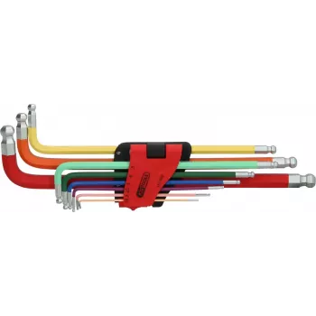 KS TOOLS 9-teiliger extra langer Kugelkopf-Innensechskantschlüssel-Satz mit doppeltem Kugelkopf, 1,5-10mm, Chrom-Vanadium, matt verchromt, DIN ISO 2936, ERGOTORQUEplus 151.3222