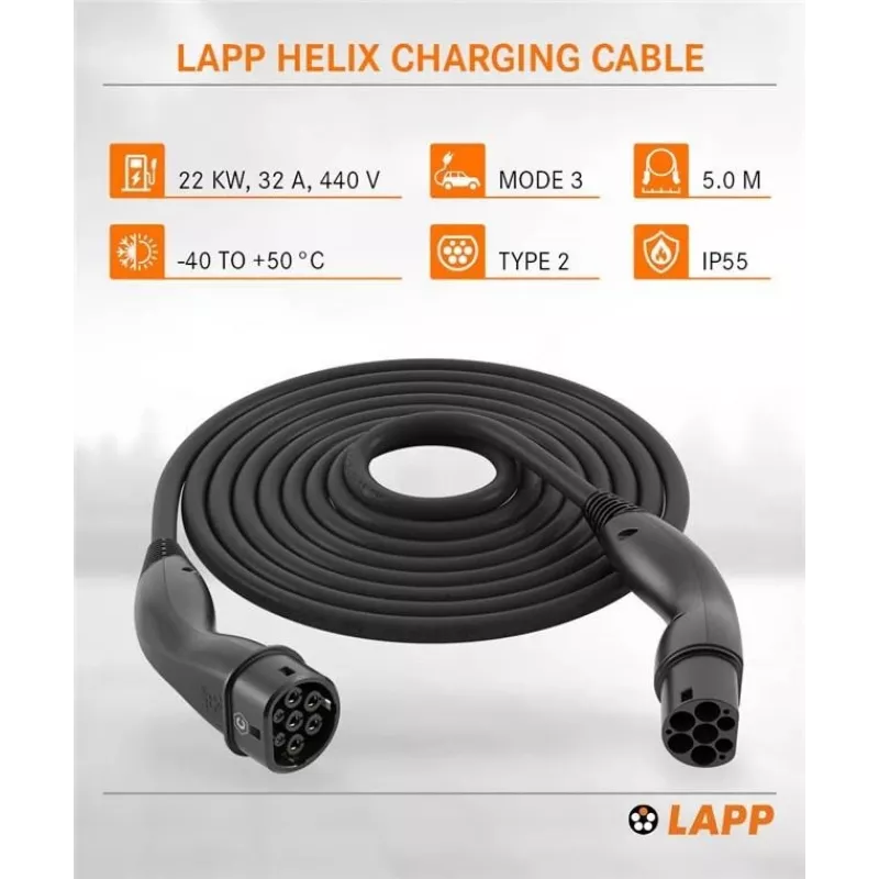 LAPP MOBILITY HELIX® Typ 2 EV-Ladekabel, 22 kW, 5 m, Schwarz 61795
