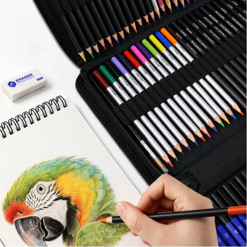 LEAN Art Set für Zeichnen und Skizzieren, 74-teiliges Komplettset mit Graphitstiften, Buntstiften, Ölpastellen, Kohle und Reißverschluss-Etui
