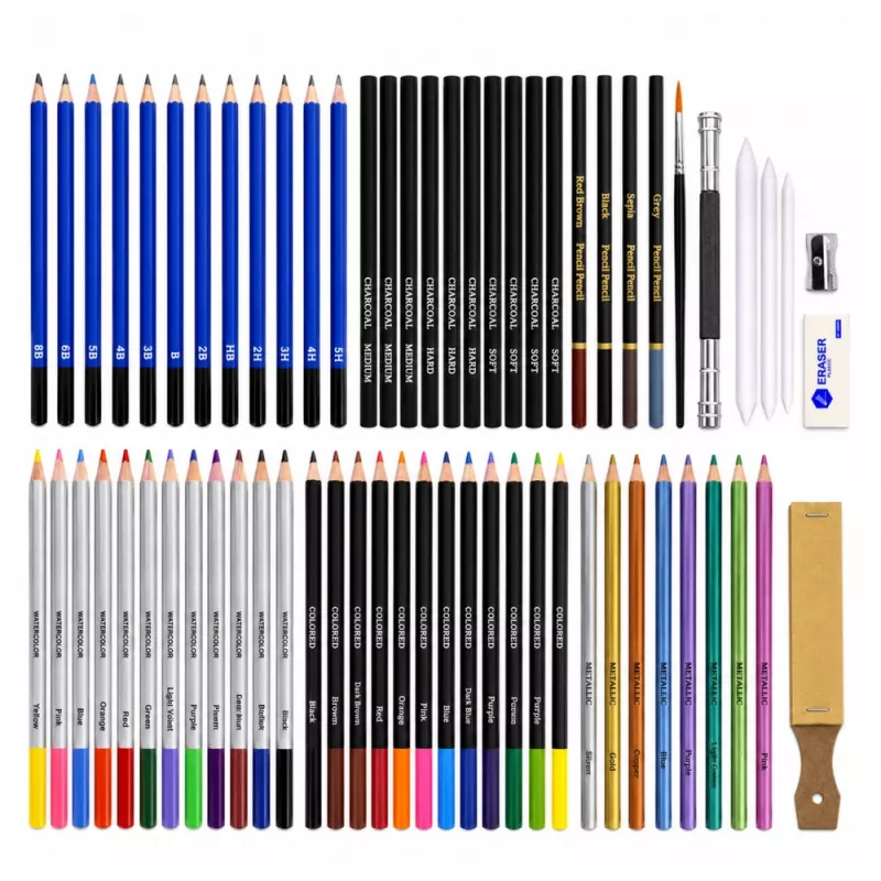LEAN Art Set für Zeichnen und Skizzieren, 74-teiliges Komplettset mit Graphitstiften, Buntstiften, Ölpastellen, Kohle und Reißverschluss-Etui