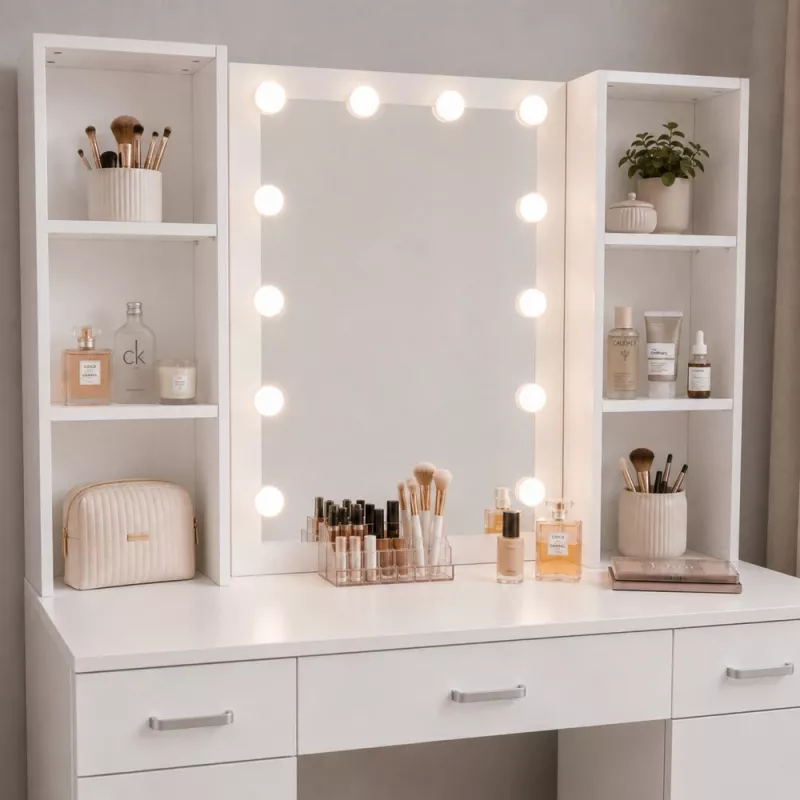 LEAN Kosmetik-Schminktisch mit LED-Spiegel, Schubladen und Schrank, Weiß, 141x114x39 cm