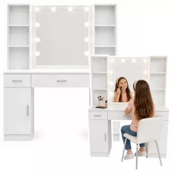 LEAN Kosmetik-Schminktisch mit LED-Spiegel, Schubladen und Schrank, Weiß, 141x114x39 cm