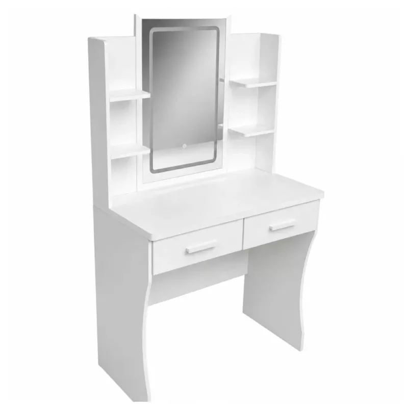 LEAN Kosmetiktisch mit LED-Spiegel, Regalen, Schubladen, Weiß 140x80x40 cm