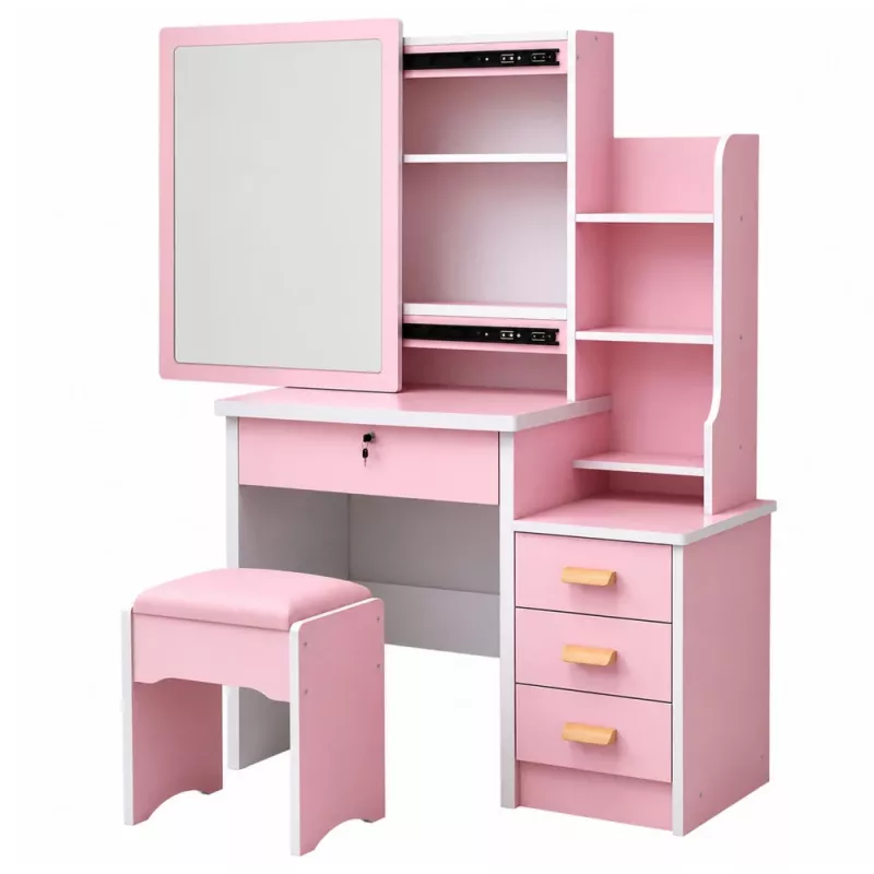 LEAN Kosmetik-Schminktisch mit Spiegel, 4 Schubladen, Regalen und Hocker, Pink 130x80x36 cm