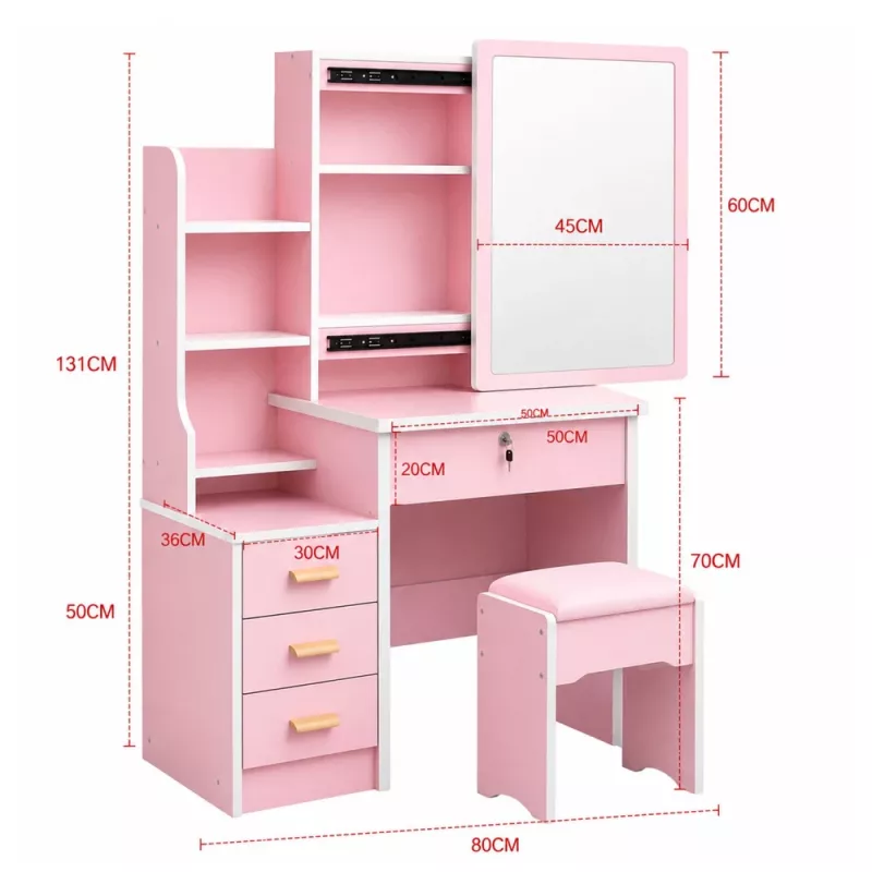 LEAN Kosmetik-Schminktisch mit Spiegel, 4 Schubladen, Regalen und Hocker, Pink 130x80x36 cm