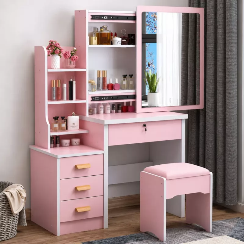LEAN Kosmetik-Schminktisch mit Spiegel, 4 Schubladen, Regalen und Hocker, Pink 130x80x36 cm