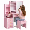 LEAN Kosmetik-Schminktisch mit Spiegel, 4 Schubladen, Regalen und Hocker, Pink 130x80x36 cm