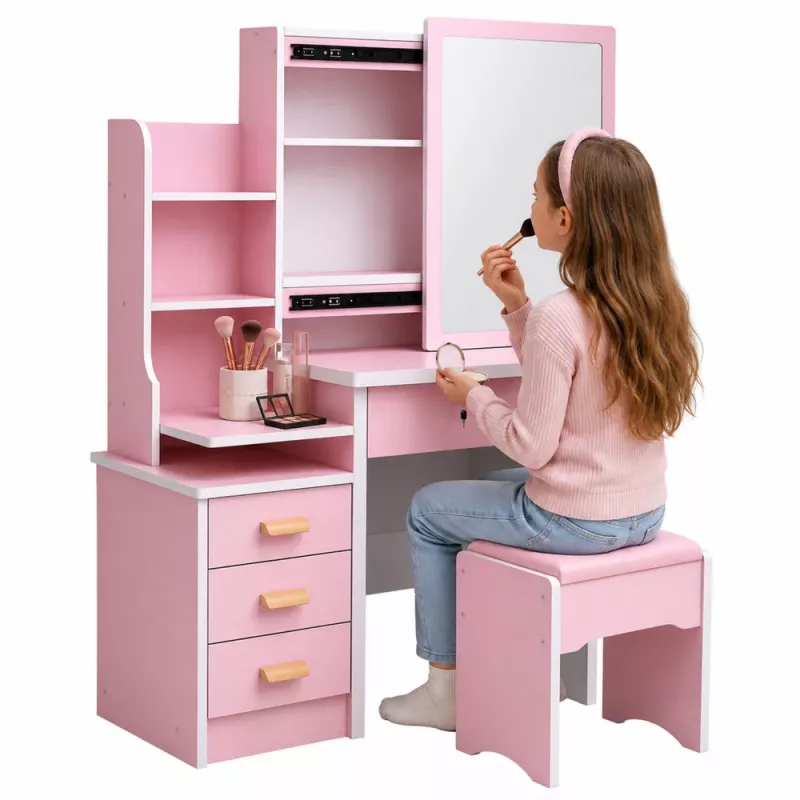 LEAN Kosmetik-Schminktisch mit Spiegel, 4 Schubladen, Regalen und Hocker, Pink 130x80x36 cm