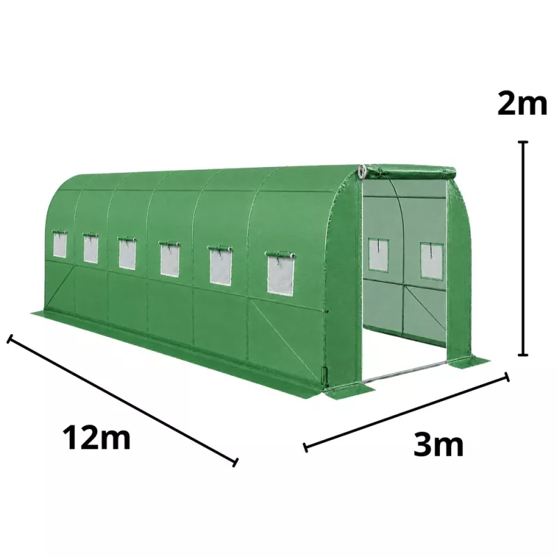 LEAN Folientunnel Gewächshaus PRO Gestell 25mm 12x3x2m 36m² | Verzinkter Stahl, UV-4 PE-Folie, Aufrollfenster