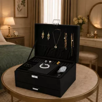 LEAN Schmuck-Organizer-Box mit Schublade und Schlüssel, schwarzer Samt
