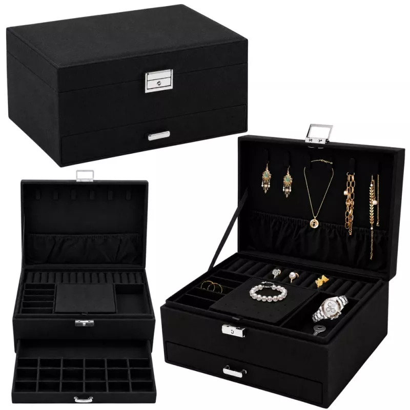 LEAN Schmuck-Organizer-Box mit Schublade und Schlüssel, schwarzer Samt