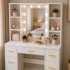 LEAN Großer Frisiertisch mit Spiegel und LED-Beleuchtung, 7 Schubladen, Regale, Weiß, 140x100x40 cm
