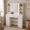 LEAN Großer Frisiertisch mit Spiegel und LED-Beleuchtung, 7 Schubladen, Regale, Weiß, 140x100x40 cm