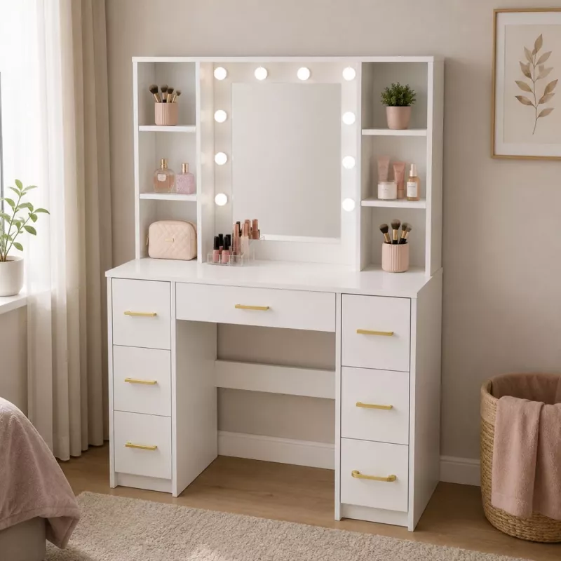 LEAN Großer Frisiertisch mit Spiegel und LED-Beleuchtung, 7 Schubladen, Regale, Weiß, 140x100x40 cm