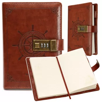 LEAN Notizbuch Tagebuch Passwort-Notizbuch Öko-Leder Braun mit Ruder A5