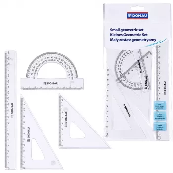 LEAN SCHOOL DONAU Kleines Geometrie-Set mit 20 cm Lineal, Geodreiecken und Winkelmesser, transparent