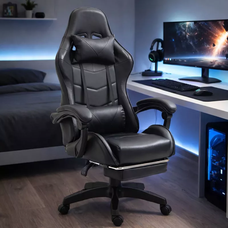 LEAN Dreh- und Gaming-Bürostuhl mit Fußstütze und Kissen, Schwarz