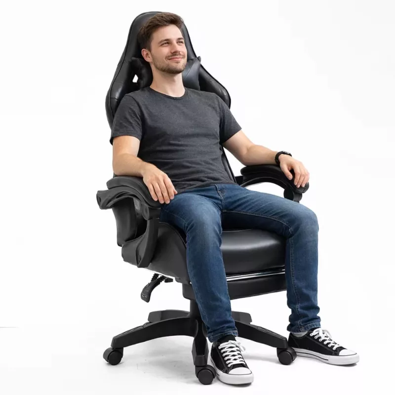 LEAN Dreh- und Gaming-Bürostuhl mit Fußstütze und Kissen, Schwarz