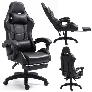 LEAN Dreh- und Gaming-Bürostuhl mit Fußstütze und Kissen, Schwarz
