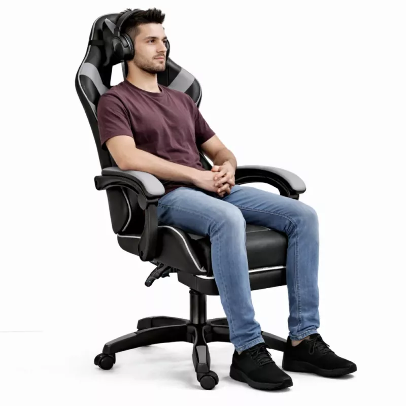 LEAN Dreh- und Gaming-Bürostuhl mit Fußstütze und Kissen Schwarz und Grau