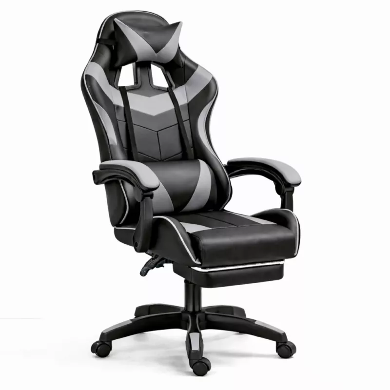 LEAN Dreh- und Gaming-Bürostuhl mit Fußstütze und Kissen Schwarz und Grau