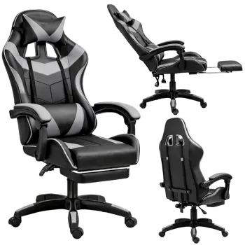 LEAN Dreh- und Gaming-Bürostuhl mit Fußstütze und Kissen Schwarz und Grau