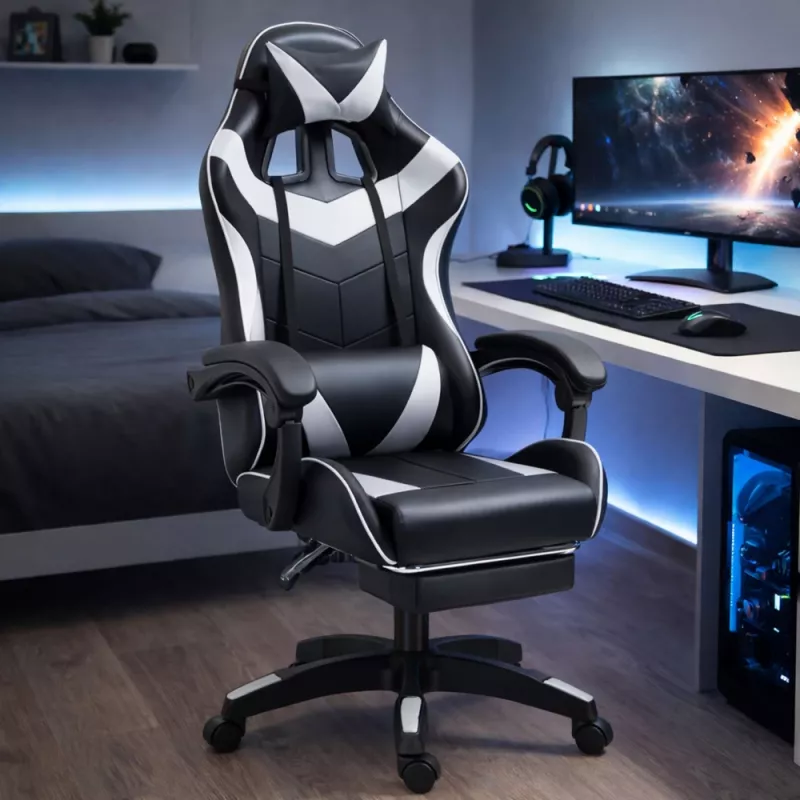 LEAN Dreh- und Gaming-Bürostuhl mit Fußstütze und Kissen, Schwarz und Weiß