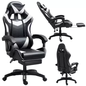 LEAN Dreh- und Gaming-Bürostuhl mit Fußstütze und Kissen, Schwarz und Weiß