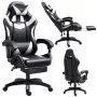 LEAN Dreh- und Gaming-Bürostuhl mit Fußstütze und Kissen, Schwarz und Weiß
