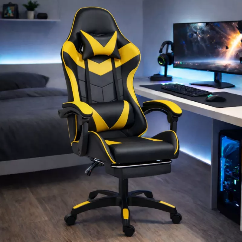 LEAN Dreh- und Gaming-Bürostuhl mit Fußstütze und Kissen, Schwarz und Gelb