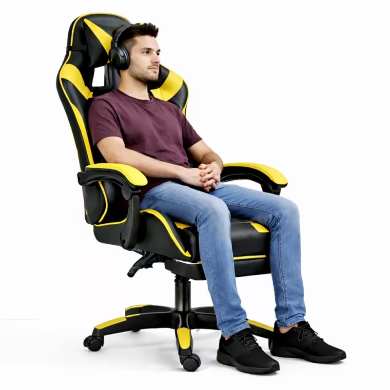 LEAN Dreh- und Gaming-Bürostuhl mit Fußstütze und Kissen, Schwarz und Gelb