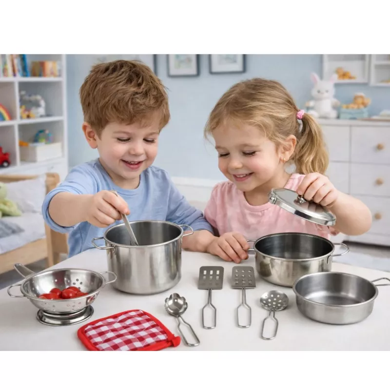LEAN TOYS 15-teiliges Rollenspiel-Küchengeschirr-Set für Kinder ab 3 Jahren | Töpfe, Pfannen, Utensilien, Teller, Tassen, Schneidebrett & Spielzeuglebensmittel | Mehrfarbig ABS-Kunststoff | Rollenspiel-Kochspielzeug