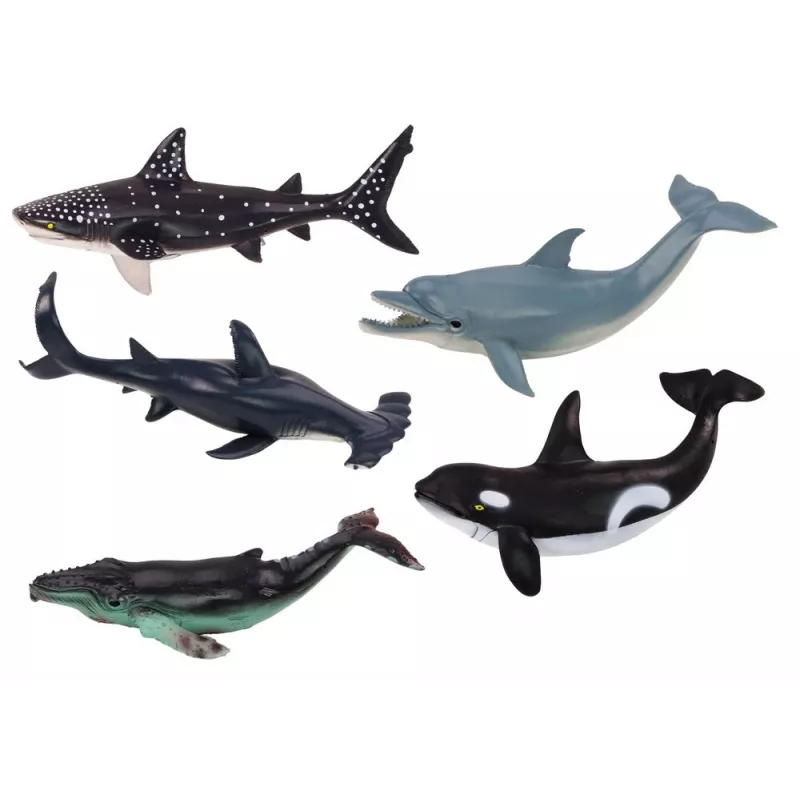 LEAN TOYS 17521 Set aus 6 Meeres tier figuren - Orca, Hai, Wal, Delfin, Schildkröte & Mantarochen - Mehrfarbig
