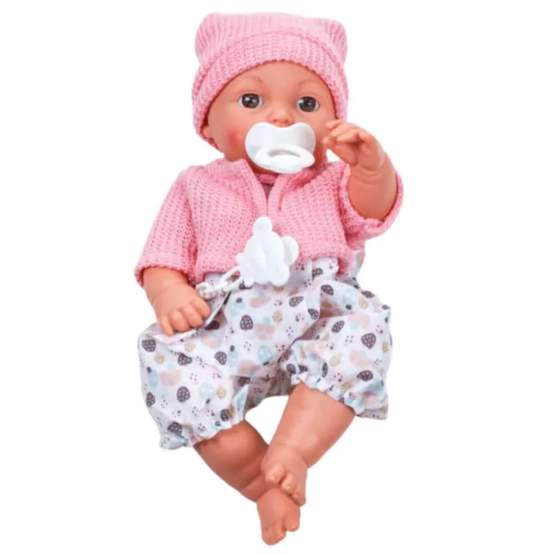 LEAN TOYS 24440 Babypuppe mit Mütze, Pullover & Schnuller, Soundeffekte (35 cm)