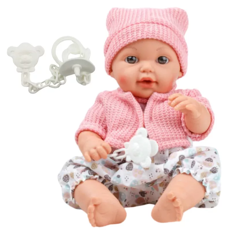 LEAN TOYS 24440 Babypuppe mit Mütze, Pullover & Schnuller, Soundeffekte (35 cm)