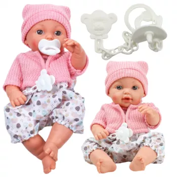 LEAN TOYS 24440 Babypuppe mit Mütze, Pullover & Schnuller, Soundeffekte (35 cm)