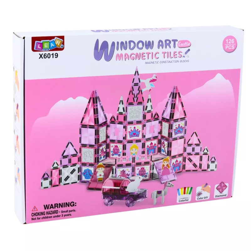 LEAN TOYS 25282 Magnetische Bausteine Buntglasfenster-Set mit rosa Markern, 126 Teile, kreatives Kunstspielzeug