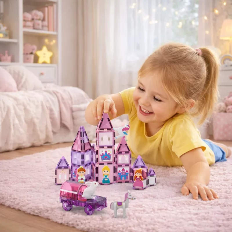 LEAN TOYS 25282 Magnetische Bausteine Buntglasfenster-Set mit rosa Markern, 126 Teile, kreatives Kunstspielzeug