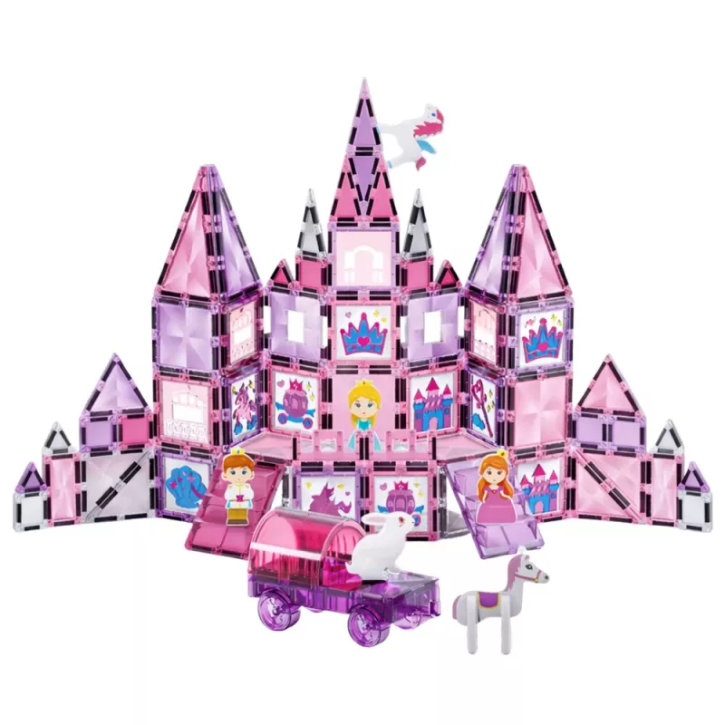 LEAN TOYS 25282 Magnetische Bausteine Buntglasfenster-Set mit rosa Markern, 126 Teile, kreatives Kunstspielzeug