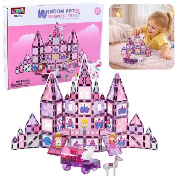 LEAN TOYS 25282 Magnetische Bausteine Buntglasfenster-Set mit rosa Markern, 126 Teile, kreatives Kunstspielzeug