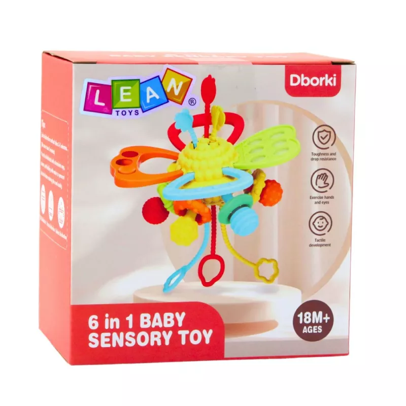 LEAN TOYS 6-in-1 Sensory Toy Teether Pull Strings Pop-It Colorful