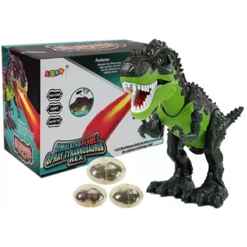 LEAN TOYS 7740 Batteriebetriebener interaktiver T-Rex-Dinosaurier mit Eiablage, Nebeleffekt, Geräusch- und Lichteffekten - Grün