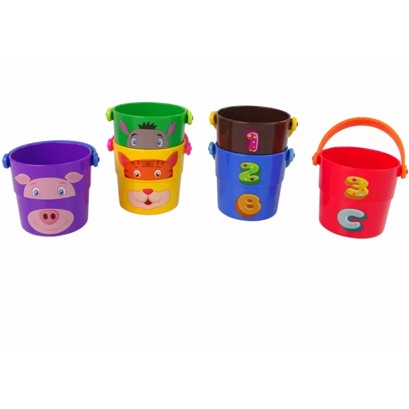 LEAN TOYS A Set of Colorful Buckets with Animals - a Pyramid